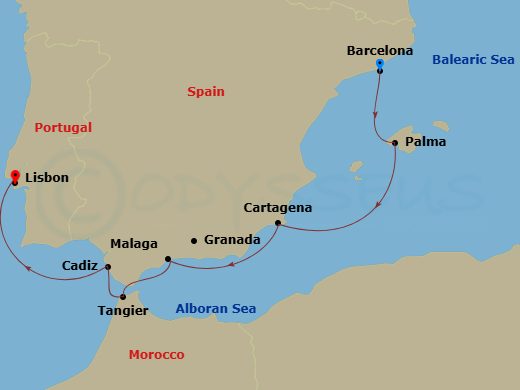 7 Night - Spain & Portugal Discovery - Viking Sky - Starting in Barcelona, Palma De Mallorca, Murcia (Cartagena ES, Spain), Granada (Malaga), Tangier, Seville (Cadiz), Lisbon itinerary map