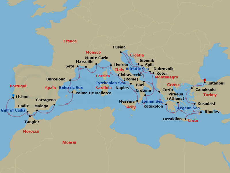 35 Night - Grand Mediterranean Explorer - Viking Sky - Starting in Lisbon, Seville (Cadiz), Tangier, Granada (Malaga), Murcia (Cartagena ES, Spain), Palma De Mallorca, Barcelona, Sete, Marseille, Monte Carlo, Florence / Pisa (Livorno), Rome (Civitavecchia), Naples, Sicily (Messina), Crotone, Bari, Sibenik, Venice (Fusina), Split, Dubrovnik, Croatia, Kotor, Corfu (Kerkyra), Katakolon (Olympia), Athens (Piraeus), Crete (Heraklion), Rhodes, Ephesus (Kusadasi), Troy (Canakkale), Istanbul itinerary map