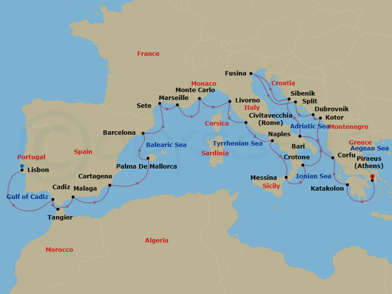 28 Night - Mediterranean Explorer - Viking Sky - Starting in Lisbon, Seville (Cadiz), Tangier, Granada (Malaga), Murcia (Cartagena ES, Spain), Palma De Mallorca, Barcelona, Sete, Marseille, Monte Carlo, Florence / Pisa (Livorno), Rome (Civitavecchia), Naples, Sicily (Messina), Crotone, Bari, Sibenik, Venice (Fusina), Split, Dubrovnik, Croatia, Kotor, Corfu (Kerkyra), Katakolon (Olympia), Athens (Piraeus) itinerary map