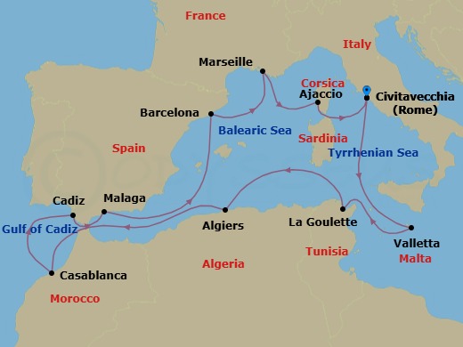 15 Night - Mediterranean, Malta & North Africa - Viking Sky - Starting in Rome (Civitavecchia), Sail the Tyrrhenian Sea, Valletta, Tunis (La Goulette), Sail the Mediterranean Sea, Algiers, Sail the Mediterranean Sea, Casablanca, Seville (Cadiz), Granada (Malaga), Sail the Balearic Sea, Barcelona, Marseille, Corsica (Ajaccio), Rome (Civitavecchia) itinerary map