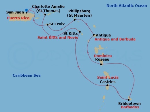 10 Night - West Indies Explorer - Viking Sky - Starting in San Juan, Sail the Atlantic Ocean, St Thomas (Charlotte Amalie), St Kitts (Basseterre), Castries, Bridgetown, Roseau, St Johns AG, Antigua, Philipsburg, St Croix (Frederiksted), San Juan itinerary map