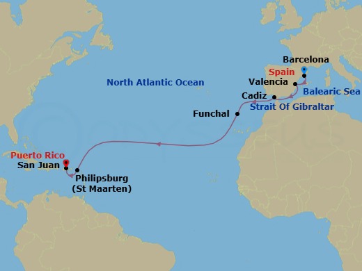 13 Night - West Indies to Spain - Viking Sky - Starting in Barcelona, Valencia, Sail the Strait of Gibraltar, Seville (Cadiz), Sail the Atlantic Ocean, Madeira (Funchal), Sail the Atlantic Ocean, Philipsburg, San Juan itinerary map
