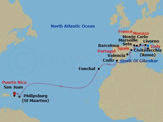 20 Night - Mediterranean & Atlantic Crossing - Viking Sky - Starting in Rome (Civitavecchia), Florence / Pisa (Livorno), Monte Carlo, Marseille, Sete, Barcelona, Valencia, Sail the Strait of Gibraltar, Seville (Cadiz), Sail the Atlantic Ocean, Madeira (Funchal), Sail the Atlantic Ocean, Philipsburg, San Juan itinerary map
