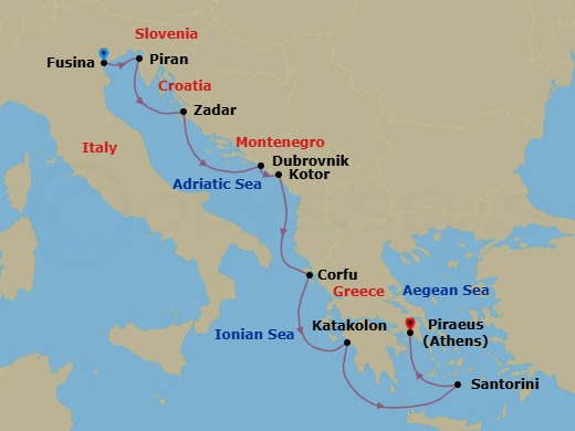 9 Night - Empires of the Mediterranean - Viking Sky - Starting in Venice (Fusina), Piran, Zadar, Dubrovnik, Croatia, Kotor, Corfu (Kerkyra), Katakolon (Olympia), Santorini (Thira), Athens (Piraeus) itinerary map
