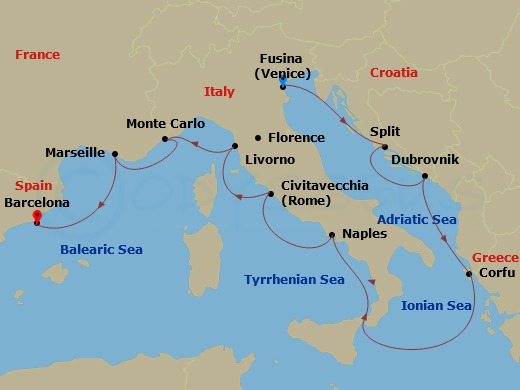 12 Night - Mediterranean Odyssey - Viking Star - Starting in Venice (Fusina), Split, Dubrovnik, Croatia, Corfu (Kerkyra), Sail the Ionian Sea, Naples, Rome (Civitavecchia), Florence / Pisa (Livorno), Monte Carlo, Marseille, Barcelona itinerary map