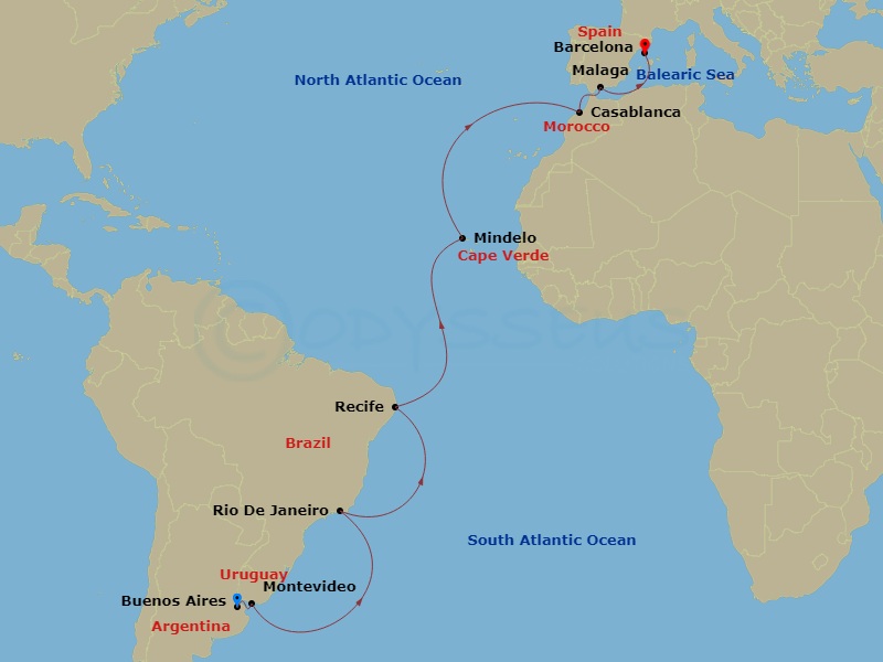 21 Night - Southern Atlantic Crossing - Viking Star - Starting in Buenos Aires, Montevideo, Sail the Atlantic Ocean, Rio De Janeiro, Sail the Atlantic Ocean, Recife, Sail the Atlantic Ocean, Sao Vicente Island (Mindelo), Sail the Atlantic Ocean, Casablanca, Granada (Malaga), Sail the Mediterranean Sea, Barcelona itinerary map