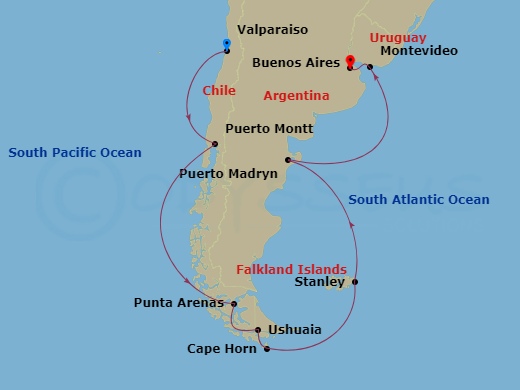 17 Night - South America & the Chilean Fjords - Viking Star - Starting in Santiago (Valparaiso), Sail the Pacific Ocean, Puerto Montt, Scenic Sailing Chilean Fjords, Scenic Sailing Amalia Glacier, Punta Arenas, Ushuaia, Scenic Sailing Cape Horn, Sail the Atlantic Ocean, Port Stanley, Falkland Islands, Sail the Atlantic Ocean, Puerto Madryn, Sail the Atlantic Ocean, Montevideo, Buenos Aires itinerary map