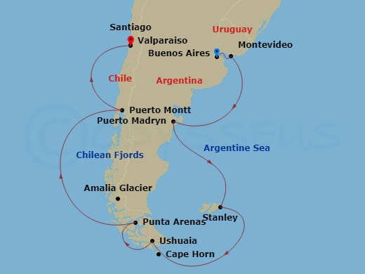 17 Night - South America & the Chilean Fjords - Viking Star - Starting in Buenos Aires, Montevideo, Sail the Atlantic Ocean, Puerto Madryn, Sail the Atlantic Ocean, Port Stanley, Falkland Islands, Sail the Atlantic Ocean, Scenic Sailing Cape Horn, Ushuaia, Punta Arenas, Scenic Sailing Amalia Glacier, Scenic Sailing Chilean Fjords, Puerto Montt, Sail the Pacific Ocean, Santiago (Valparaiso) itinerary map
