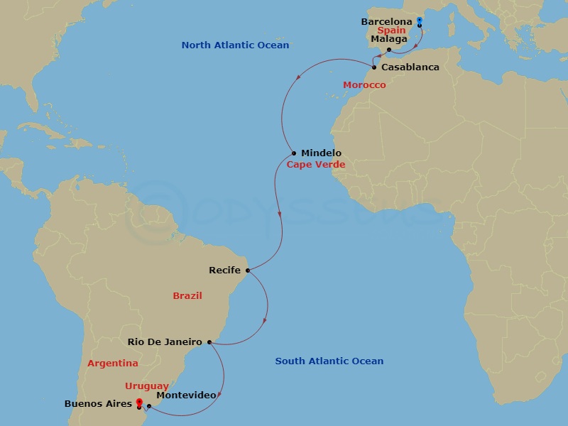 21 Night - Southern Atlantic Crossing - Viking Star - Starting in Barcelona, Sail the Mediterranean Sea, Granada (Malaga), Casablanca, Sail the Atlantic Ocean, Sao Vicente Island (Mindelo), Sail the Atlantic Ocean, Recife, Sail the South Atlantic Ocean, Rio De Janeiro, Sail the South Atlantic Ocean, Montevideo, Buenos Aires itinerary map