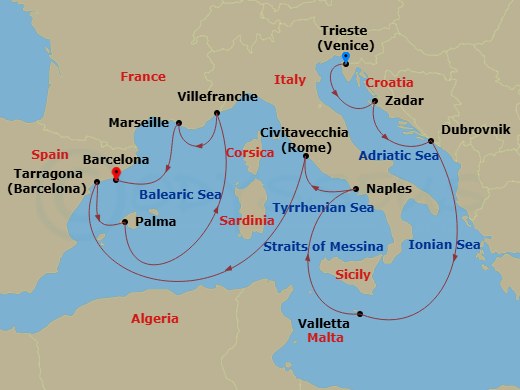 14 Night - Adriatic and Western Mediterranean - Queen Victoria - Starting in Trieste, Italy, Zadar, Croatia, Dubrovnik, Croatia, Valletta, Malta, Naples (tours to Capri or Pompeii), Italy, Civitavecchia (tours to Rome), Italy, Tarragona, Spain, Palma De Mallorca, Spain, Villefranche, France, Marseille, France, Barcelona, Spain itinerary map