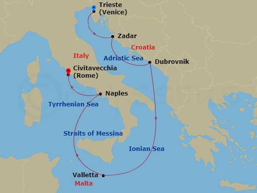 7 Night - Italy and Adriatic - Queen Victoria - Starting in Trieste, Italy, Zadar, Croatia, Dubrovnik, Croatia, Valletta, Malta, Naples (tours to Capri or Pompeii), Italy, Civitavecchia (tours to Rome), Italy itinerary map