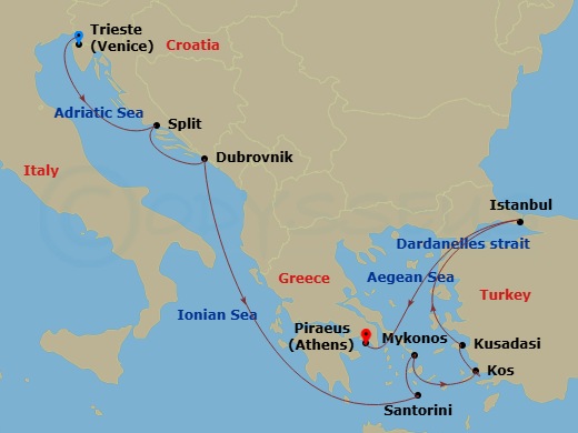 11 Night - Adriatic Antiquities : Croatia, Greek Isles & Istanbul - Oosterdam - Starting in Trieste (Venice), Italy, Split, Croatia, Dubrovnik, Croatia, Thira (Santorini), Greece, Mykonos, Greece, Kos, Greece, Kusadasi (Ephesus), Turkey, Istanbul, Turkey, Cruising the Dardanelles, Piraeus (Athens), Greece itinerary map