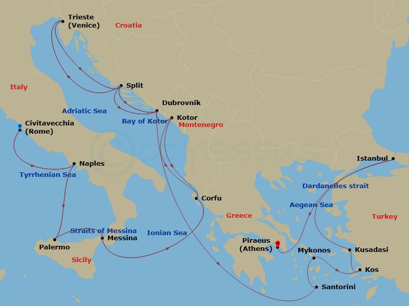 21 Night - Adriatic Antiquities : Italy, Croatia & Greek Isles - Oosterdam - Starting in Civitavecchia (Rome), Italy, Naples (Pompeii / Amalfi), Italy, Palermo, Sicily, Italy, Messina, Italy, Cruising Strait of Messina, Kerkira, (Corfu), Greece, Scenic cruising Bay of Kotor, Kotor, Montenegro, Dubrovnik, Croatia, Split, Croatia, Trieste (Venice), Italy, Split, Croatia, Dubrovnik, Croatia, Thira (Santorini), Greece, Mykonos, Greece, Kos, Greece, Kusadasi (Ephesus), Turkey, Istanbul, Turkey, Cruising the Dardanelles, Piraeus (Athens), Greece itinerary map