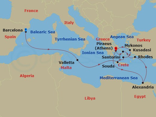 14 Night - Greek Isles : Malta & Cairo - Oosterdam - Starting in Barcelona, Spain, Valletta, Malta, Souda (Chania), Greece, Thira (Santorini), Greece, Kusadasi (Ephesus), Turkey, Piraeus (Athens), Greece, Alexandria EG (Cairo), Egypt, Rhodes, Greece, Mykonos, Greece, Piraeus (Athens), Greece itinerary map