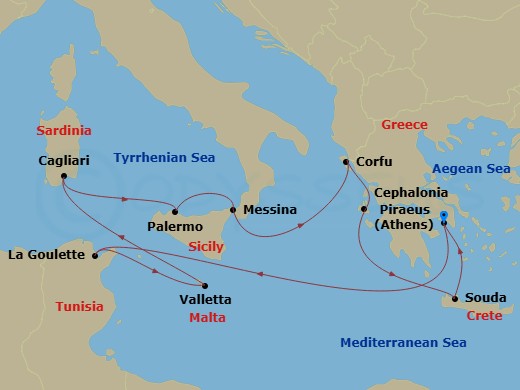 14 Night - Solar Eclipse & Astronomical Discovery - Oosterdam - Starting in Piraeus (Athens), Greece, La Goulette (Tunis), Tunisia, Valletta, Malta, Cagliari, Sardinia, Italy, Palermo, Sicily, Italy, Messina, Italy, Kerkira, (Corfu), Greece, Argostoli, Cephalonia, Greece, Souda (Chania), Greece, Piraeus (Athens), Greece itinerary map