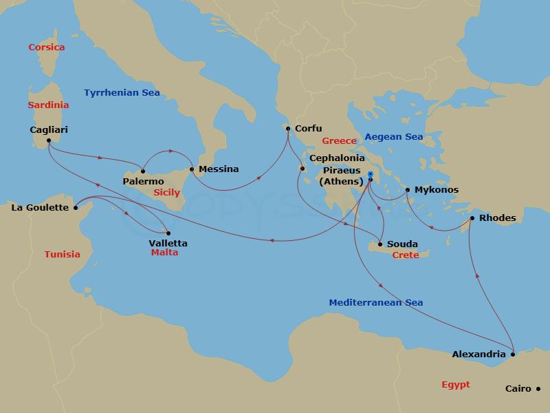 21 Night - Greek Isles & Solar Eclipse - Oosterdam - Starting in Piraeus (Athens), Greece, Alexandria EG (Cairo), Egypt, Rhodes, Greece, Mykonos, Greece, Piraeus (Athens), Greece, La Goulette (Tunis), Tunisia, Valletta, Malta, Cagliari, Sardinia, Italy, Palermo, Sicily, Italy, Messina, Italy, Kerkira, (Corfu), Greece, Argostoli, Cephalonia, Greece, Souda (Chania), Greece, Piraeus (Athens), Greece itinerary map