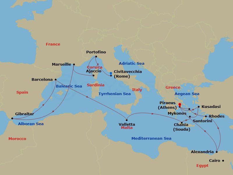 21 Night - Malta, Cairo & Greek Isles - Oosterdam - Starting in Civitavecchia (Rome), Italy, Portofino, Italy, Ajaccio, Corsica, France, Marseille (Provence), France, Gibraltar, Barcelona, Spain, Valletta, Malta, Souda (Chania), Greece, Thira (Santorini), Greece, Kusadasi (Ephesus), Turkey, Piraeus (Athens), Greece, Alexandria EG (Cairo), Egypt, Rhodes, Greece, Mykonos, Greece, Piraeus (Athens), Greece itinerary map