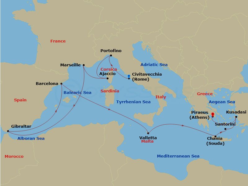 14 Night - Rivieras, Malta & Greek Isles - Oosterdam - Starting in Civitavecchia (Rome), Italy, Portofino, Italy, Ajaccio, Corsica, France, Marseille (Provence), France, Gibraltar, Barcelona, Spain, Valletta, Malta, Souda (Chania), Greece, Thira (Santorini), Greece, Kusadasi (Ephesus), Turkey, Piraeus (Athens), Greece itinerary map
