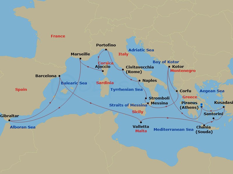 21 Night - Naples, Malta & Greek Isles - Oosterdam - Starting in Piraeus (Athens), Greece, Kotor, Montenegro, Scenic cruising Bay of Kotor, Kerkira, (Corfu), Greece, Messina, Italy, Cruising Strait of Messina, Evening cruising Stromboli Volcano, Naples (Pompeii / Amalfi), Italy, Civitavecchia (Rome), Italy, Portofino, Italy, Ajaccio, Corsica, France, Marseille (Provence), France, Gibraltar, Barcelona, Spain, Valletta, Malta, Souda (Chania), Greece, Thira (Santorini), Greece, Kusadasi (Ephesus), Turkey, Piraeus (Athens), Greece itinerary map