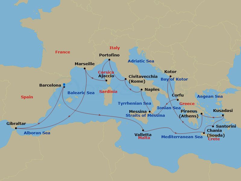 21 Night - Greek Isles : Malta & Rivieras - Oosterdam - Starting in Barcelona, Spain, Valletta, Malta, Souda (Chania), Greece, Thira (Santorini), Greece, Kusadasi (Ephesus), Turkey, Piraeus (Athens), Greece, Kotor, Montenegro, Scenic cruising Bay of Kotor, Kerkira, (Corfu), Greece, Messina, Italy, Cruising Strait of Messina, Evening cruising Stromboli Volcano, Naples (Pompeii / Amalfi), Italy, Civitavecchia (Rome), Italy, Portofino, Italy, Ajaccio, Corsica, France, Marseille (Provence), France, Gibraltar, Barcelona, Spain itinerary map
