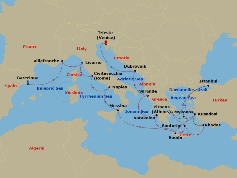 22 Night - Greek Isles with Amalfi Coast, Istanbul & Dubrovnik - Oosterdam - Starting in Barcelona, Spain, Villefranche-sur-Mer (Nice), France, Livorno (Florence / Pisa), Italy, Civitavecchia (Rome), Italy, Naples (Pompeii / Amalfi), Italy, Messina, Italy, Souda (Chania), Greece, Thira (Santorini), Greece, Rhodes, Greece, Kusadasi (Ephesus), Turkey, Piraeus (Athens), Greece, Kusadasi (Ephesus), Turkey, Cruising the Dardanelles, Istanbul, Turkey, Mykonos, Greece, Souda (Chania), Greece, Katakolon (Olympia), Greece, Sarande, Albania, Dubrovnik, Croatia, Trieste (Venice), Italy itinerary map