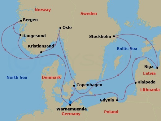 14 Night - Northern Europe - MSC Magnifica - Starting in Warnemunde (Berlin), Germany, Gdynia (Gdansk), Poland, Klaipeda, Lithuania, Riga, Latvia, Stockholm, Sweden, Copenhagen, Denmark, Warnemunde (Berlin), Germany, Haugesund, Norway, Bergen, Norway, Kristiansand, Norway, Oslo, Norway, Copenhagen, Denmark, Warnemunde (Berlin), Germany itinerary map