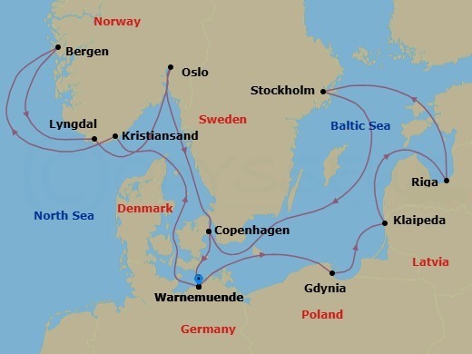 14 Night - Northern Europe - MSC Magnifica - Starting in Warnemunde (Berlin), Germany, Kristiansand, Norway, Bergen, Norway, Lyngdal, Norway, Oslo, Norway, Copenhagen, Denmark, Warnemunde (Berlin), Germany, Gdynia (Gdansk), Poland, Klaipeda, Lithuania, Riga, Latvia, Stockholm, Sweden, Copenhagen, Denmark, Warnemunde (Berlin), Germany itinerary map