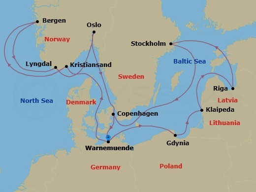 14 Night - Northern Europe - MSC Magnifica - Starting in Warnemunde (Berlin), Germany, Gdynia (Gdansk), Poland, Klaipeda, Lithuania, Riga, Latvia, Stockholm, Sweden, Copenhagen, Denmark, Warnemunde (Berlin), Germany, Kristiansand, Norway, Bergen, Norway, Lyngdal, Norway, Oslo, Norway, Copenhagen, Denmark, Warnemunde (Berlin), Germany itinerary map