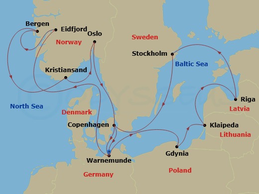 14 Night - Northern Europe - MSC Magnifica - Starting in Warnemunde (Berlin), Germany, Gdynia (Gdansk), Poland, Klaipeda, Lithuania, Riga, Latvia, Stockholm, Sweden, Copenhagen, Denmark, Warnemunde (Berlin), Germany, Eidfjord, Norway, Bergen, Norway, Kristiansand, Norway, Oslo, Norway, Copenhagen, Denmark, Warnemunde (Berlin), Germany itinerary map