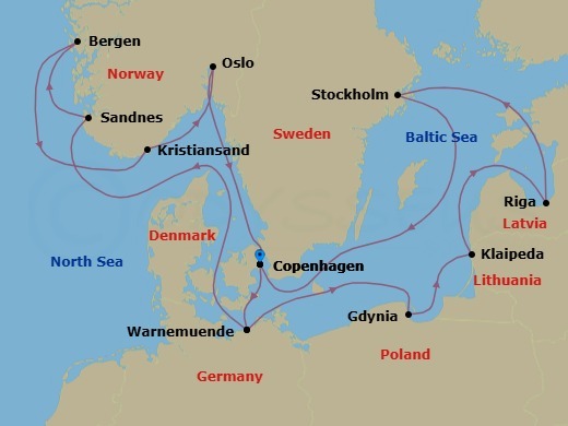 14 Night - Northern Europe - MSC Magnifica - Starting in Copenhagen, Denmark, Warnemunde (Berlin), Germany, Sandnes, Norway, Bergen, Norway, Kristiansand, Norway, Oslo, Norway, Copenhagen, Denmark, Warnemunde (Berlin), Germany, Gdynia (Gdansk), Poland, Klaipeda, Lithuania, Riga, Latvia, Stockholm, Sweden, Copenhagen, Denmark itinerary map