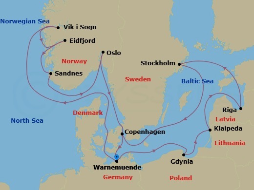 14 Night - Northern Europe - MSC Magnifica - Starting in Warnemunde (Berlin), Germany, Gdynia (Gdansk), Poland, Klaipeda, Lithuania, Riga, Latvia, Stockholm, Sweden, Copenhagen, Denmark, Warnemunde (Berlin), Germany, Vik I Sogn, Norway, Eidfjord, Norway, Sandnes, Norway, Oslo, Norway, Copenhagen, Denmark, Warnemunde (Berlin), Germany itinerary map