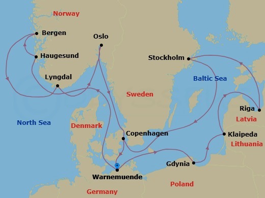 14 Night - Northern Europe - MSC Magnifica - Starting in Warnemunde (Berlin), Germany, Haugesund, Norway, Bergen, Norway, Lyngdal, Norway, Oslo, Norway, Copenhagen, Denmark, Warnemunde (Berlin), Germany, Gdynia (Gdansk), Poland, Klaipeda, Lithuania, Riga, Latvia, Stockholm, Sweden, Copenhagen, Denmark, Warnemunde (Berlin), Germany itinerary map