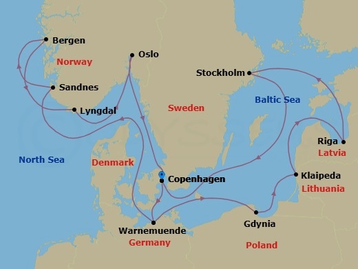 14 Night - Northern Europe - MSC Magnifica - Starting in Copenhagen, Denmark, Warnemunde (Berlin), Germany, Gdynia (Gdansk), Poland, Klaipeda, Lithuania, Riga, Latvia, Stockholm, Sweden, Copenhagen, Denmark, Warnemunde (Berlin), Germany, Sandnes, Norway, Bergen, Norway, Kristiansand, Norway, Oslo, Norway, Copenhagen, Denmark itinerary map