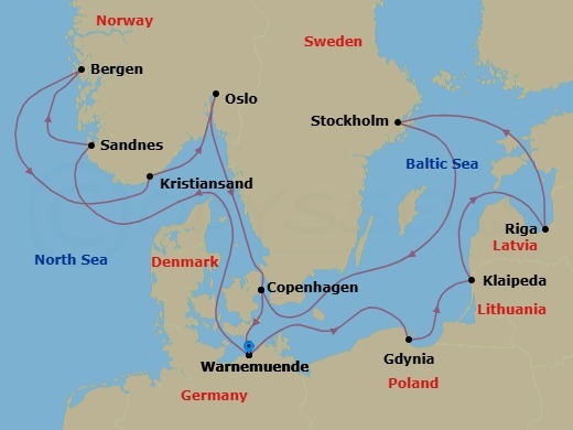 14 Night - Northern Europe - MSC Magnifica - Starting in Warnemunde (Berlin), Germany, Sandnes, Norway, Bergen, Norway, Kristiansand, Norway, Oslo, Norway, Copenhagen, Denmark, Warnemunde (Berlin), Germany, Gdynia (Gdansk), Poland, Klaipeda, Lithuania, Riga, Latvia, Stockholm, Sweden, Copenhagen, Denmark, Warnemunde (Berlin), Germany itinerary map