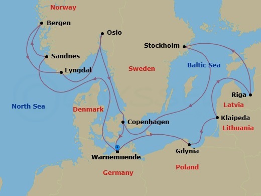 14 Night - Northern Europe - MSC Magnifica - Starting in Warnemunde (Berlin), Germany, Gdynia (Gdansk), Poland, Klaipeda, Lithuania, Riga, Latvia, Stockholm, Sweden, Copenhagen, Denmark, Warnemunde (Berlin), Germany, Sandnes, Norway, Bergen, Norway, Lyngdal, Norway, Oslo, Norway, Copenhagen, Denmark, Warnemunde (Berlin), Germany itinerary map