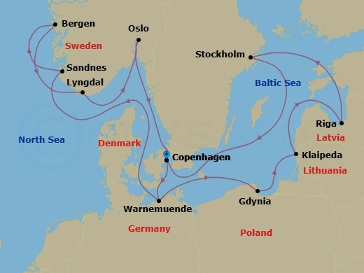 14 Night - Northern Europe - MSC Magnifica - Starting in Copenhagen, Denmark, Warnemunde (Berlin), Germany, Gdynia (Gdansk), Poland, Klaipeda, Lithuania, Riga, Latvia, Stockholm, Sweden, Copenhagen, Denmark, Warnemunde (Berlin), Germany, Sandnes, Norway, Bergen, Norway, Lyngdal, Norway, Oslo, Norway, Copenhagen, Denmark itinerary map
