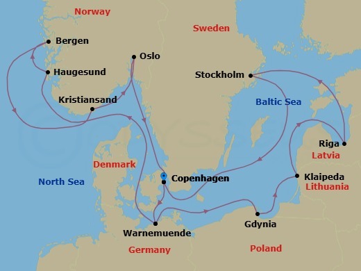 14 Night - Northern Europe - MSC Magnifica - Starting in Copenhagen, Denmark, Warnemunde (Berlin), Germany, Gdynia (Gdansk), Poland, Klaipeda, Lithuania, Riga, Latvia, Stockholm, Sweden, Copenhagen, Denmark, Warnemunde (Berlin), Germany, Haugesund, Norway, Bergen, Norway, Kristiansand, Norway, Oslo, Norway, Copenhagen, Denmark itinerary map