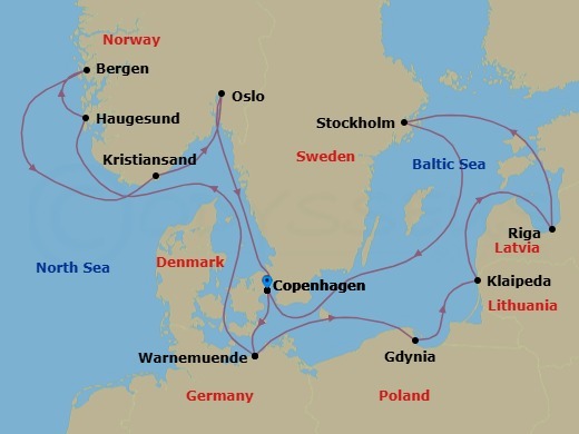 14 Night - Northern Europe - MSC Magnifica - Starting in Copenhagen, Denmark, Warnemunde (Berlin), Germany, Haugesund, Norway, Bergen, Norway, Kristiansand, Norway, Oslo, Norway, Copenhagen, Denmark, Warnemunde (Berlin), Germany, Gdynia (Gdansk), Poland, Klaipeda, Lithuania, Riga, Latvia, Stockholm, Sweden, Copenhagen, Denmark itinerary map