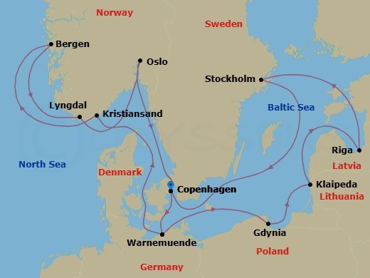 14 Night - Northern Europe - MSC Magnifica - Starting in Copenhagen, Denmark, Warnemunde (Berlin), Germany, Kristiansand, Norway, Bergen, Norway, Lyngdal, Norway, Oslo, Norway, Copenhagen, Denmark, Warnemunde (Berlin), Germany, Gdynia (Gdansk), Poland, Klaipeda, Lithuania, Riga, Latvia, Stockholm, Sweden, Copenhagen, Denmark itinerary map