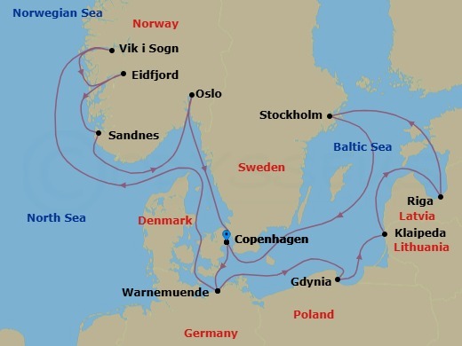 14 Night - Northern Europe - MSC Magnifica - Starting in Copenhagen, Denmark, Warnemunde (Berlin), Germany, Gdynia (Gdansk), Poland, Klaipeda, Lithuania, Riga, Latvia, Stockholm, Sweden, Copenhagen, Denmark, Warnemunde (Berlin), Germany, Vik I Sogn, Norway, Eidfjord, Norway, Sandnes, Norway, Oslo, Norway, Copenhagen, Denmark itinerary map
