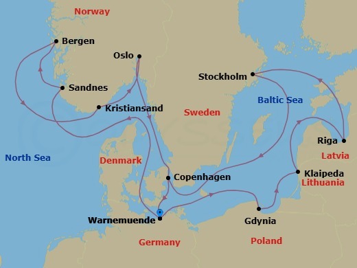 14 Night - Northern Europe - MSC Magnifica - Starting in Warnemunde (Berlin), Germany, Gdynia (Gdansk), Poland, Klaipeda, Lithuania, Riga, Latvia, Stockholm, Sweden, Copenhagen, Denmark, Warnemunde (Berlin), Germany, Sandnes, Norway, Bergen, Norway, Kristiansand, Norway, Oslo, Norway, Copenhagen, Denmark, Warnemunde (Berlin), Germany itinerary map