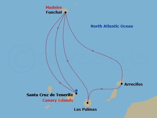 7 Night - Western Mediterranean from Santa Cruz (Tenerife) - Costa Smeralda - Starting in Santa Cruz de Tenerife, Funchal (Madeira), Arrecife (Lanzarote), Las Palmas (Gran Canaria), Funchal (Madeira), Santa Cruz de Tenerife itinerary map