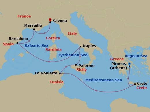 9 Night - Western Mediterranean from Piraeus (Athens) - Costa Pacifica - Starting in Piraeus (Athens), Souda Bay (Crete), La Goulette (Tunis), Palermo, Naples, Barcelona, Marseille, Savona itinerary map