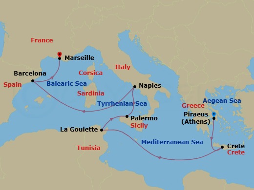 8 Night - Western Mediterranean from Piraeus (Athens) - Costa Pacifica - Starting in Piraeus (Athens), Souda Bay (Crete), La Goulette (Tunis), Palermo, Naples, Barcelona, Marseille itinerary map