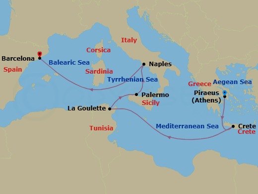 7 Night - Western Mediterranean from Piraeus (Athens) - Costa Pacifica - Starting in Piraeus (Athens), Souda Bay (Crete), La Goulette (Tunis), Palermo, Naples, Barcelona itinerary map