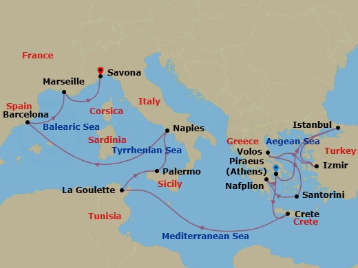 16 Night - Western Mediterranean from Piraeus (Athens) - Costa Pacifica - Starting in Piraeus (Athens), Istanbul, Izmir, Volos (Meteora), Thira (Santorini), Nafplion, Piraeus (Athens), Souda Bay (Crete), La Goulette (Tunis), Palermo, Naples, Barcelona, Marseille, Savona itinerary map