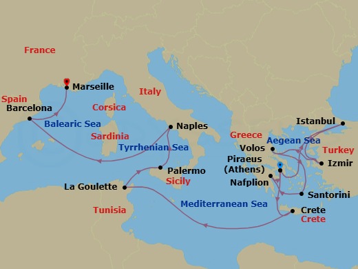 15 Night - Western Mediterranean from Piraeus (Athens) - Costa Pacifica - Starting in Piraeus (Athens), Istanbul, Izmir, Volos (Meteora), Thira (Santorini), Nafplion, Piraeus (Athens), Souda Bay (Crete), La Goulette (Tunis), Palermo, Naples, Barcelona, Marseille itinerary map