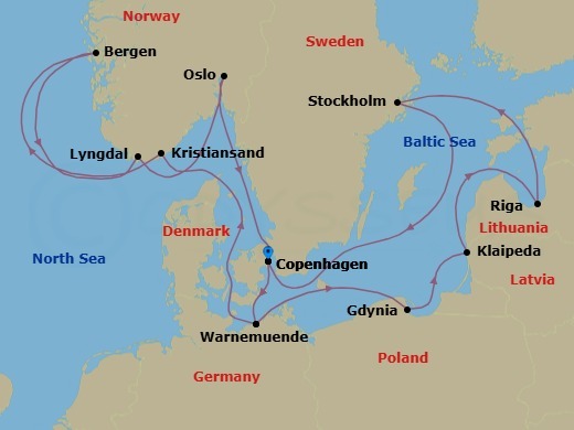 14 Night - Northern Europe - MSC Magnifica - Starting in Copenhagen, Denmark, Warnemunde (Berlin), Germany, Gdynia (Gdansk), Poland, Klaipeda, Lithuania, Riga, Latvia, Stockholm, Sweden, Copenhagen, Denmark, Warnemunde (Berlin), Germany, Kristiansand, Norway, Bergen, Norway, Lyngdal, Norway, Oslo, Norway, Copenhagen, Denmark itinerary map