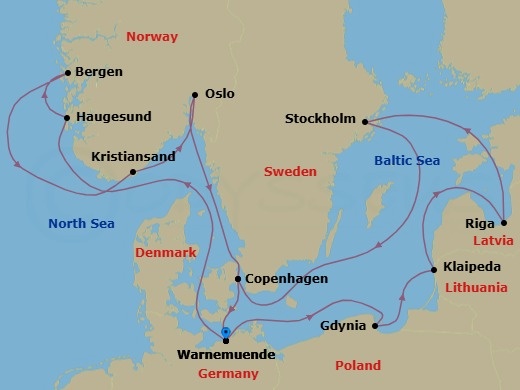 14 Night - Northern Europe - MSC Magnifica - Starting in Warnemunde (Berlin), Germany, Haugesund, Norway, Bergen, Norway, Kristiansand, Norway, Oslo, Norway, Copenhagen, Denmark, Warnemunde (Berlin), Germany, Gdynia (Gdansk), Poland, Klaipeda, Lithuania, Riga, Latvia, Stockholm, Sweden, Copenhagen, Denmark, Warnemunde (Berlin), Germany itinerary map