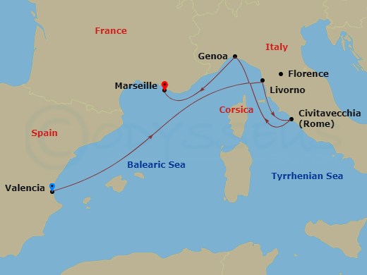 5 Night - Mediterranean - MSC Orchestra - Starting in Valencia, Spain, Livorno (Florence), Italy, Civitavecchia (Rome), Italy, Genoa (Portofino), Italy, Marseille (Provence), France itinerary map